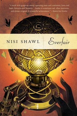 The cover of Everfair shows two hands reaching towards a metal gas lamp. One hand is black and the other is made of metal, like a steampunk cybernetic hand.