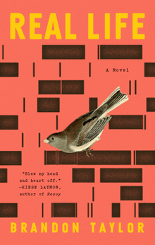 The cover of Real Life shows a bird on a red background with black rectangles.