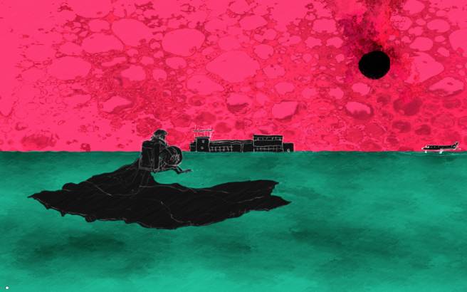 A screenshot from the game. The astronaut has landed in a field with her parachute spread out behind her. The sky is a bright pink and the ground is a dark green, both looking like water color. The astronaut is rendered completely in black with white line art making her standout from the colorful background while also giving her an air of loneliness.