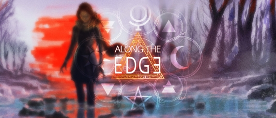 The cover of Along the Edge shows Daphne standing in a pool of water gazing at her reflection.