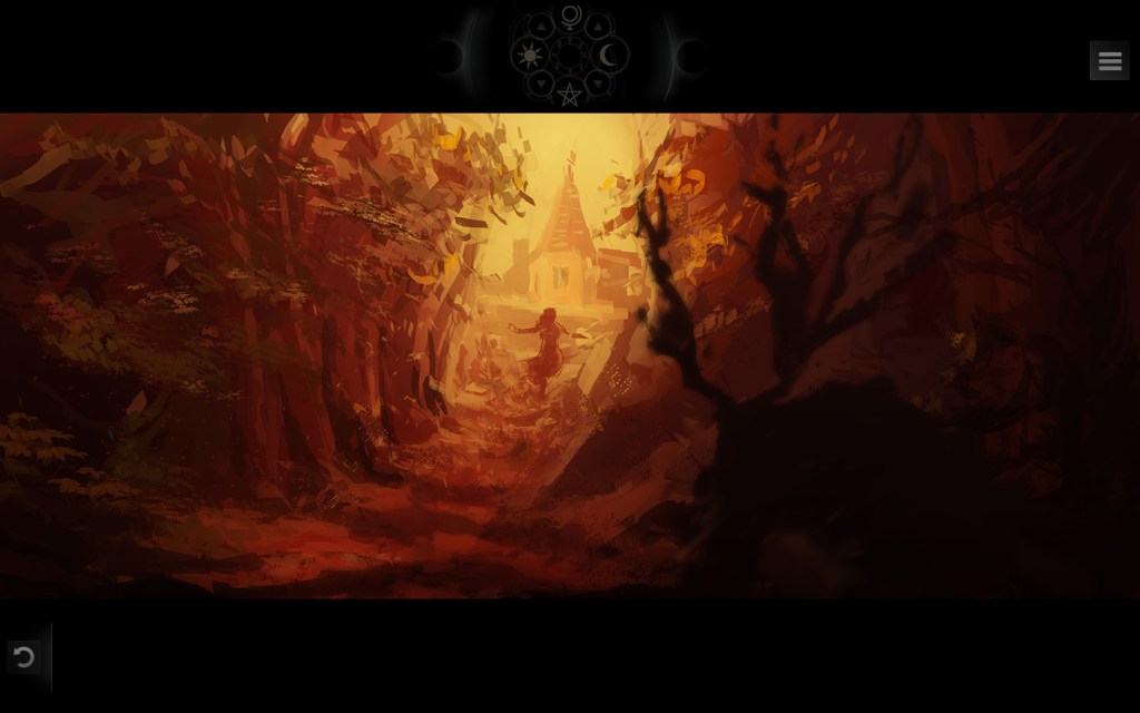 A screenshot from Along the Edge. Daphne emerges from the woods. In the shadow, a horned beast stalks her.