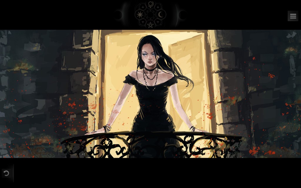 A screenshot from Along the Edge. Daphne, dressed in black with a stormy expression, stands on a balcony.