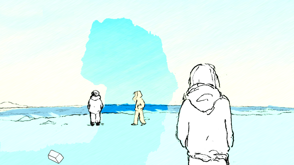 A screenshot from If Found showing off the erasure mechanic. Kasio stands facing away from the camera in the foreground. In the background, a portion of the canvas has been erased by the player to reveal Kasio also walking towards her friend along the coast of Achill.