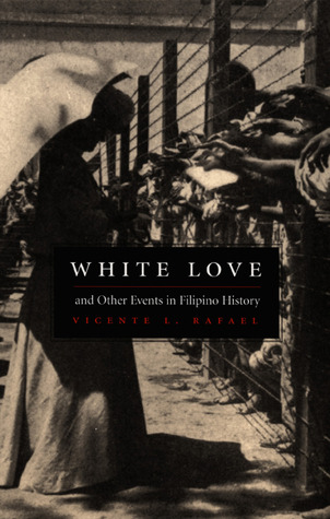 The cover of White Love is a black and white photo. A barbed wire fence divides two sides. On one side is a woman in a pale dress standing beneath an umbrella, her upper body completely hidden in shadow. On the other side rows of people reach towards her through the fence, unable to touch her.